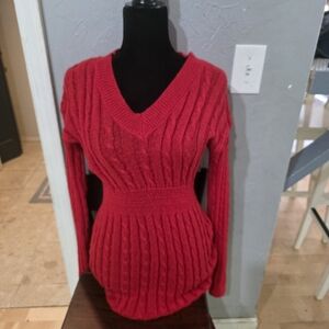 Red V-Neck Cable Knit Sweater